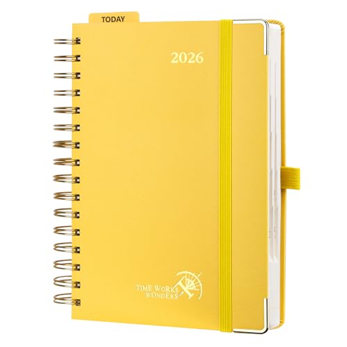 POPRUN Kalender 2026 Tagesplaner 21,5 x 14,5 cm, Tageskalender A5 1 Tag 1 Seite (Montag - Sonntag), Terminplaner (Jan.2026-Dez.2026) Ringbuch mit Hardcover, Plastiklineal - Hellgelb von POPRUN