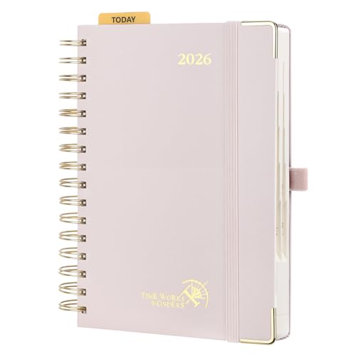 POPRUN Kalender 2026 Tagesplaner 21,5 x 14,5 cm, Tageskalender A5 1 Tag 1 Seite (Montag - Sonntag), Terminplaner (Jan.2026-Dez.2026) Ringbuch mit Hardcover, Plastiklineal - Hellrosa von POPRUN