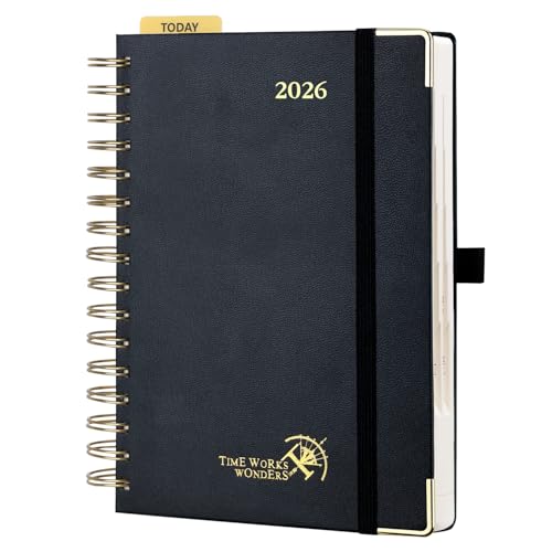POPRUN Kalender 2026 Tagesplaner 21,5 x 14,5 cm, Tageskalender A5 1 Tag 1 Seite (Montag - Sonntag), Terminplaner (Jan.2026-Dez.2026) Ringbuch mit Hardcover, Plastiklineal - Schwarz von POPRUN