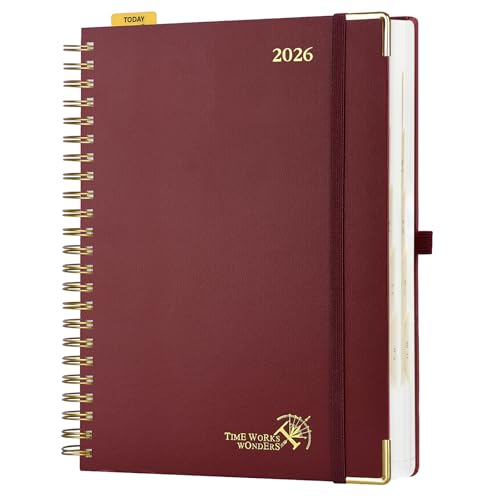 POPRUN Kalender 2026 Tagesplaner Ringbuch mit Hardcover 30,5 x 22 cm, Tageskalender A4 1 Tag 1 Seite (Montag - Sonntag), Terminplaner (Jan.2026-Dez.2026) mit Plastiklineal - Burgund von POPRUN