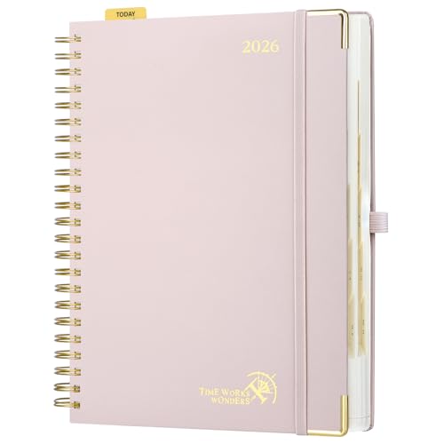 POPRUN Kalender 2026 Tagesplaner Ringbuch mit Hardcover 30,5 x 22 cm, Tageskalender A4 1 Tag 1 Seite (Montag - Sonntag), Terminplaner (Jan.2026-Dez.2026) mit Plastiklineal - Hellrosa von POPRUN