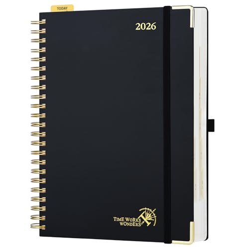 POPRUN Kalender 2026 Tagesplaner Ringbuch mit Hardcover 30,5 x 22 cm, Tageskalender A4 1 Tag 1 Seite (Montag - Sonntag), Terminplaner (Jan.2026-Dez.2026) mit Plastiklineal - Schwarz von POPRUN