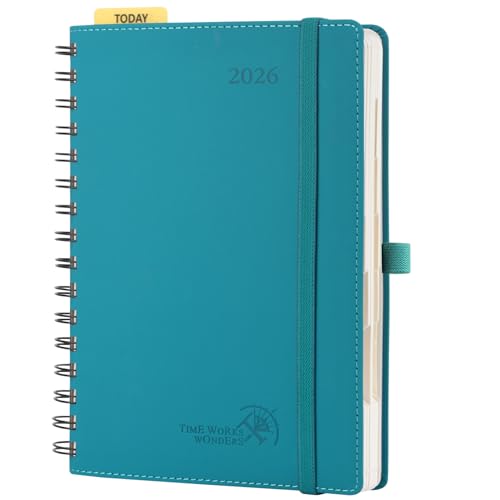POPRUN Kalender 2026 Tagesplaner Softcover 21,5 x 14,5 cm (Jan.2026-Dez.2026), Tageskalender Ringbuch 1 Tag 1 Seite (Montag - Sonntag) mit PU-Leder, Monatliche Registerkarten - Pazifikgrün von POPRUN
