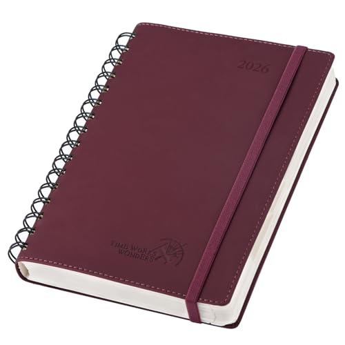 POPRUN Kalender 2026 Tagesplaner Softcover 21,5 x 14,5 cm (Jan.2026-Dez.2026), Tageskalender Ringbuch 1 Tag 1 Seite (Montag - Sonntag) mit PU-Leder, Monatliche Registerkarten - Weinrot von POPRUN