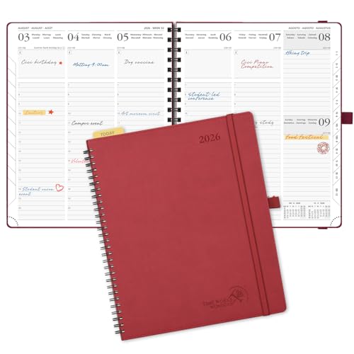 POPRUN Kalender 2026 Wochenplaner 26,5 x 21,5 cm, 17-Monate-Terminplaner Ringbuch (Jan.2026-Dez.2026), Buchkalender 1 Woche 2 Seite mit Softcover - Burgunderrot von POPRUN