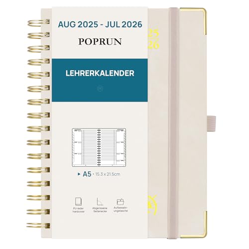 POPRUN Lehrerkalender 2025 2026 Ringbuch DIN A5 - Lehrerplaner 25/26 für die Unterricht mit Monatliches Register. Schulplaner mit PU-Leder Hardcover für Lehrerinnen und Lehrer - Beige von POPRUN