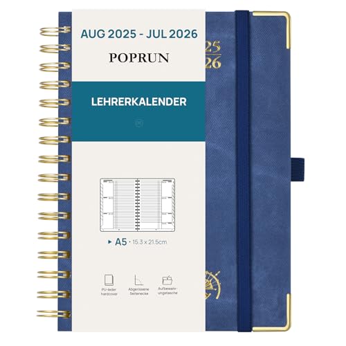 POPRUN Lehrerkalender 2025 2026 Ringbuch DIN A5 - Lehrerplaner 25/26 für die Unterricht mit Monatliches Register. Schulplaner mit PU-Leder Hardcover für Lehrerinnen und Lehrer - Dunkelblau von POPRUN