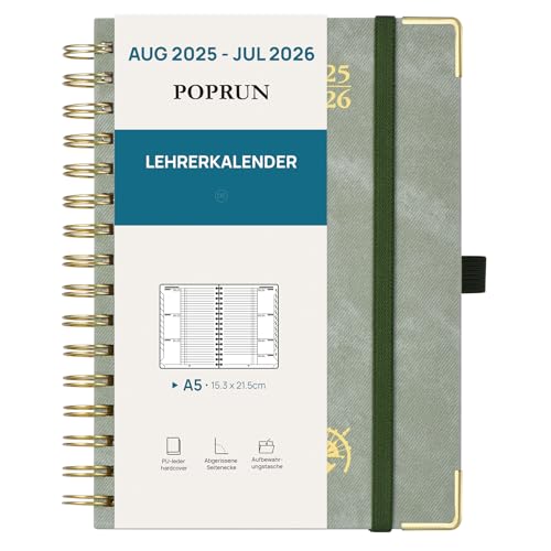 POPRUN Lehrerkalender 2025 2026 Ringbuch DIN A5 - Lehrerplaner 25/26 für die Unterricht mit Monatliches Register. Schulplaner mit PU-Leder Hardcover für Lehrerinnen und Lehrer - Olivgrün von POPRUN