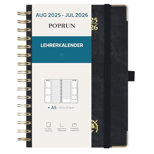 POPRUN Lehrerkalender 2025 2026 Ringbuch DIN A5 - Lehrerplaner 25/26 für die Unterricht mit Monatliches Register. Schulplaner mit PU-Leder Hardcover für Lehrerinnen und Lehrer - Schwarz von POPRUN
