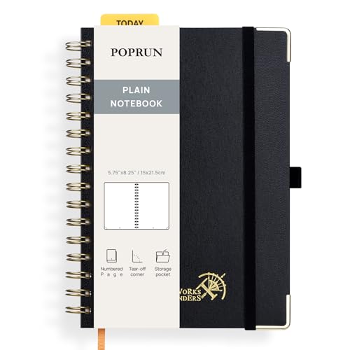 POPRUN Notizbuch A5 Blanko, Spiral-Notizbücher 120 GSM Papier, 141 nummerierte Seiten, Hardcover mit Kleberegisterkarten und 8 Abreißblättern - BK(Schwarz) von POPRUN