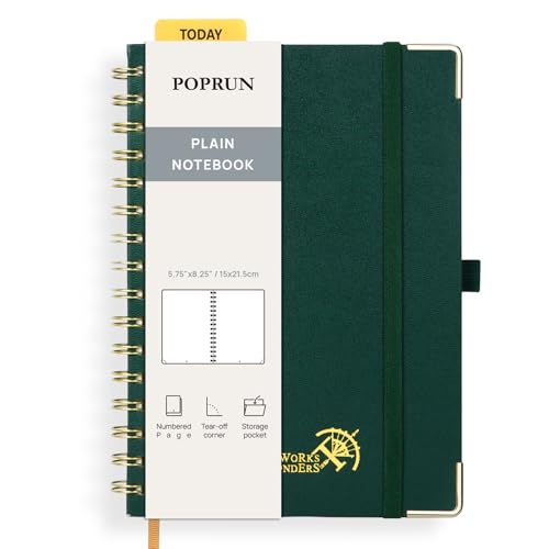 POPRUN Notizbuch A5 Blanko, Spiral-Notizbücher 120 GSM Papier, 141 nummerierte Seiten, Hardcover mit Kleberegisterkarten und 8 Abreißblättern - DG(Dunkelgrün) von POPRUN