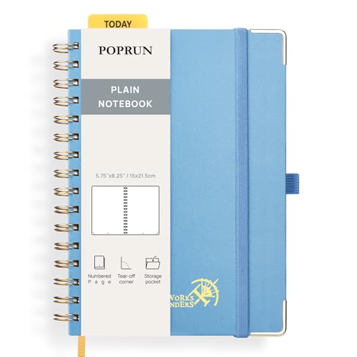 POPRUN Notizbuch A5 Blanko, Spiral-Notizbücher 120 GSM Papier, 141 nummerierte Seiten, Hardcover mit Kleberegisterkarten und 8 Abreißblättern - HB(Dunstblau) von POPRUN