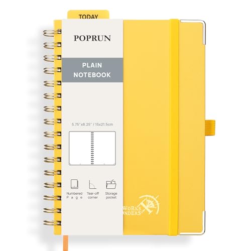 POPRUN Notizbuch A5 Blanko, Spiral-Notizbücher 120 GSM Papier, 141 nummerierte Seiten, Hardcover mit Kleberegisterkarten und 8 Abreißblättern - LYW(Hellgelb) von POPRUN
