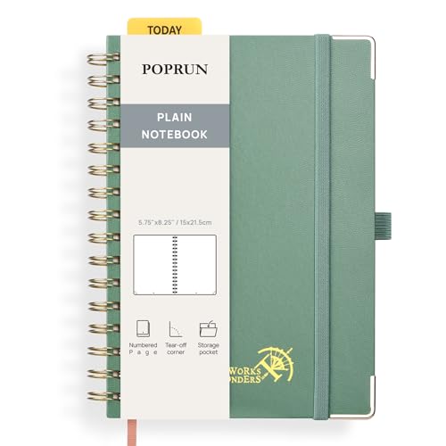 POPRUN Notizbuch A5 Blanko, Spiral-Notizbücher 120 GSM Papier, 141 nummerierte Seiten, Hardcover mit Kleberegisterkarten und 8 Abreißblättern - MGN(Mitternachtsgrün) von POPRUN