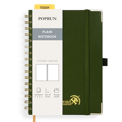 POPRUN Notizbuch A5 Blanko, Spiral-Notizbücher 120 GSM Papier, 141 nummerierte Seiten, Hardcover mit Kleberegisterkarten und 8 Abreißblättern - OL(Olive) von POPRUN
