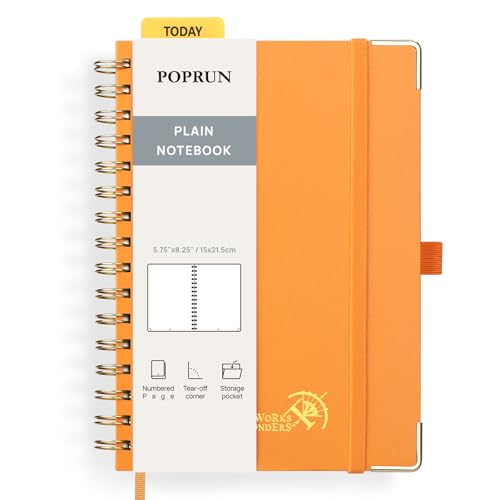 POPRUN Notizbuch A5 Blanko, Spiral-Notizbücher 120 GSM Papier, 141 nummerierte Seiten, Hardcover mit Kleberegisterkarten und 8 Abreißblättern - OR(Orange) von POPRUN