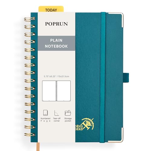 POPRUN Notizbuch A5 Blanko, Spiral-Notizbücher 120 GSM Papier, 141 nummerierte Seiten, Hardcover mit Kleberegisterkarten und 8 Abreißblättern - PG(Pazifikgrün) von POPRUN