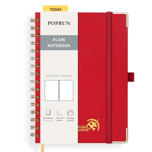 POPRUN Notizbuch A5 Blanko, Spiral-Notizbücher 120 GSM Papier, 141 nummerierte Seiten, Hardcover mit Kleberegisterkarten und 8 Abreißblättern - RD(Rot) von POPRUN