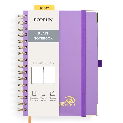 POPRUN Notizbuch A5 Blanko, Spiral-Notizbücher 120 GSM Papier, 141 nummerierte Seiten, Hardcover mit Kleberegisterkarten und 8 Abreißblättern - VT(Violett) von POPRUN