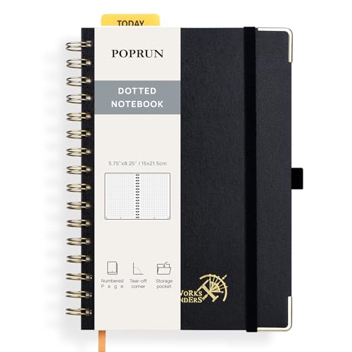 POPRUN Notizbuch A5 Gepunktetes, Bullet Dotted Journal, Spiral-Notizbücher 120 GSM Papier, 141 nummerierte Seiten, Hardcover mit Kleberegisterkarten und 8 Abreißblättern - BK(Schwarz) von POPRUN