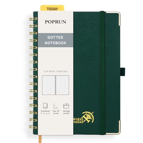 POPRUN Notizbuch A5 Gepunktetes, Bullet Dotted Journal, Spiral-Notizbücher 120 GSM Papier, 141 nummerierte Seiten, Hardcover mit Kleberegisterkarten und 8 Abreißblättern - DG(Dunkelgrün) von POPRUN