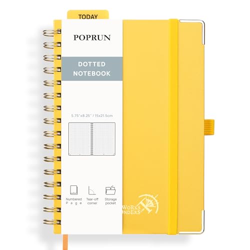 POPRUN Notizbuch A5 Gepunktetes, Bullet Dotted Journal, Spiral-Notizbücher 120 GSM Papier, 141 nummerierte Seiten, Hardcover mit Kleberegisterkarten und 8 Abreißblättern - LYW(Hellgelb) von POPRUN
