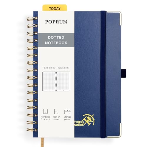 POPRUN Notizbuch A5 Gepunktetes, Bullet Dotted Journal, Spiral-Notizbücher 120 GSM Papier, 141 nummerierte Seiten, Hardcover mit Kleberegisterkarten und 8 Abreißblättern - NYB(Marineblau) von POPRUN