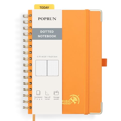 POPRUN Notizbuch A5 Gepunktetes, Bullet Dotted Journal, Spiral-Notizbücher 120 GSM Papier, 141 nummerierte Seiten, Hardcover mit Kleberegisterkarten und 8 Abreißblättern - OR(Orange) von POPRUN