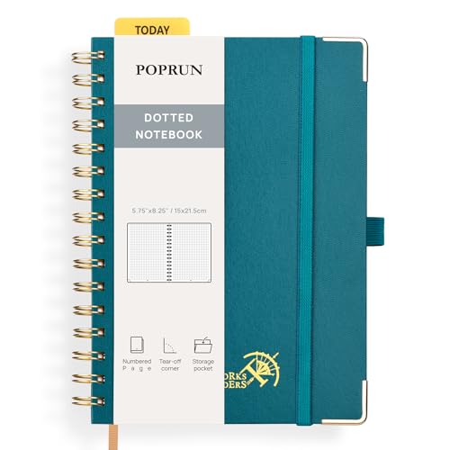 POPRUN Notizbuch A5 Gepunktetes, Bullet Dotted Journal, Spiral-Notizbücher 120 GSM Papier, 141 nummerierte Seiten, Hardcover mit Kleberegisterkarten und 8 Abreißblättern - PG(Pazifikgrün) von POPRUN