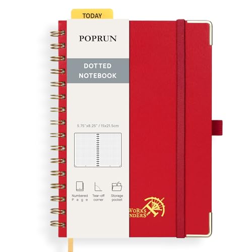 POPRUN Notizbuch A5 Gepunktetes, Bullet Dotted Journal, Spiral-Notizbücher 120 GSM Papier, 141 nummerierte Seiten, Hardcover mit Kleberegisterkarten und 8 Abreißblättern - RD(Rot) von POPRUN