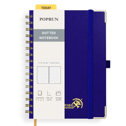 POPRUN Notizbuch A5 Gepunktetes, Bullet Dotted Journal, Spiral-Notizbücher 120 GSM Papier, 141 nummerierte Seiten, Hardcover mit Kleberegisterkarten und 8 Abreißblättern - RLB(Königsblau) von POPRUN