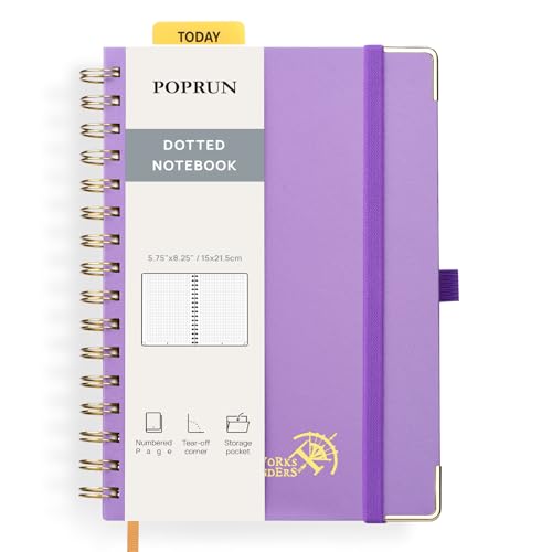 POPRUN Notizbuch A5 Gepunktetes, Bullet Dotted Journal, Spiral-Notizbücher 120 GSM Papier, 141 nummerierte Seiten, Hardcover mit Kleberegisterkarten und 8 Abreißblättern - VT(Violett) von POPRUN