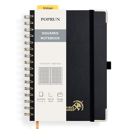 POPRUN Notizbuch A5 Kariert, Block Kariert Journal, Spiral-Notizbücher 120 GSM Papier, 141 nummerierte Seiten, Hardcover mit Kleberegisterkarten und 8 Abreißblättern - BK(Schwarz) von POPRUN