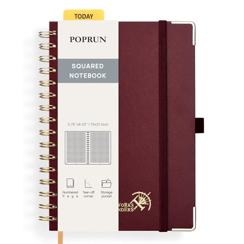 POPRUN Notizbuch A5 Kariert, Block Kariert Journal, Spiral-Notizbücher 120 GSM Papier, 141 nummerierte Seiten, Hardcover mit Kleberegisterkarten und 8 Abreißblättern - BY(Burgund) von POPRUN