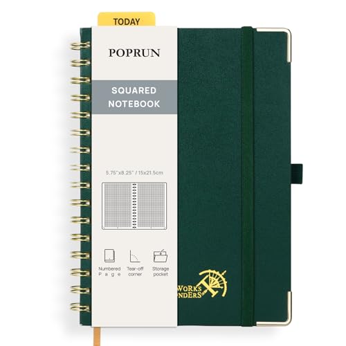 POPRUN Notizbuch A5 Kariert, Block Kariert Journal, Spiral-Notizbücher 120 GSM Papier, 141 nummerierte Seiten, Hardcover mit Kleberegisterkarten und 8 Abreißblättern - DG(Dunkelgrün) von POPRUN