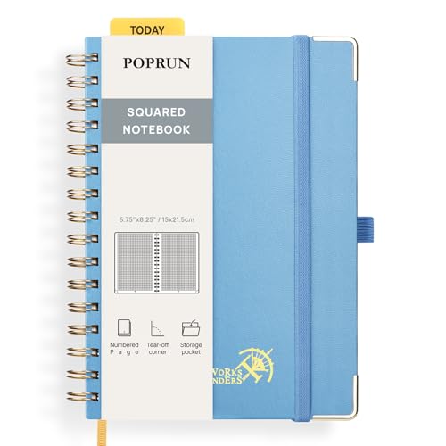 POPRUN Notizbuch A5 Kariert, Block Kariert Journal, Spiral-Notizbücher 120 GSM Papier, 141 nummerierte Seiten, Hardcover mit Kleberegisterkarten und 8 Abreißblättern - HB(Dunstblau) von POPRUN