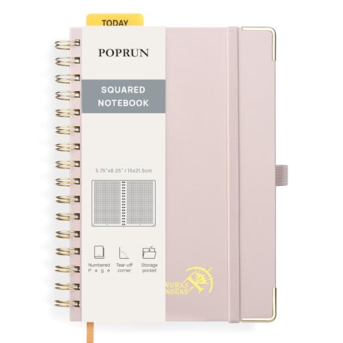 POPRUN Notizbuch A5 Kariert, Block Kariert Journal, Spiral-Notizbücher 120 GSM Papier, 141 nummerierte Seiten, Hardcover mit Kleberegisterkarten und 8 Abreißblättern - LPK(Hellrosa) von POPRUN