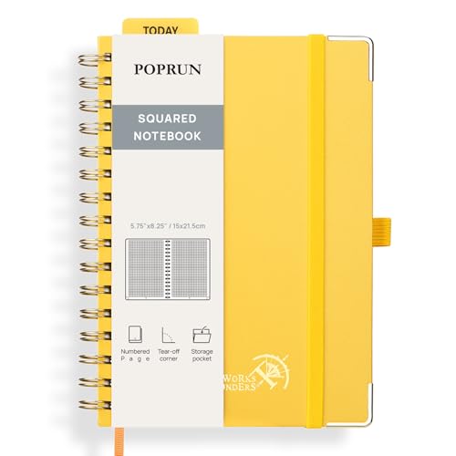 POPRUN Notizbuch A5 Kariert, Block Kariert Journal, Spiral-Notizbücher 120 GSM Papier, 141 nummerierte Seiten, Hardcover mit Kleberegisterkarten und 8 Abreißblättern - LYW(Hellgelb) von POPRUN