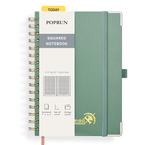POPRUN Notizbuch A5 Kariert, Block Kariert Journal, Spiral-Notizbücher 120 GSM Papier, 141 nummerierte Seiten, Hardcover mit Kleberegisterkarten und 8 Abreißblättern - MGN(Mitternachtsgrün) von POPRUN