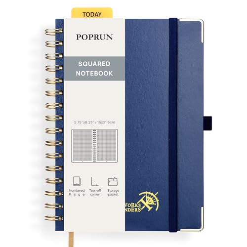 POPRUN Notizbuch A5 Kariert, Block Kariert Journal, Spiral-Notizbücher 120 GSM Papier, 141 nummerierte Seiten, Hardcover mit Kleberegisterkarten und 8 Abreißblättern - NYB(Marineblau) von POPRUN