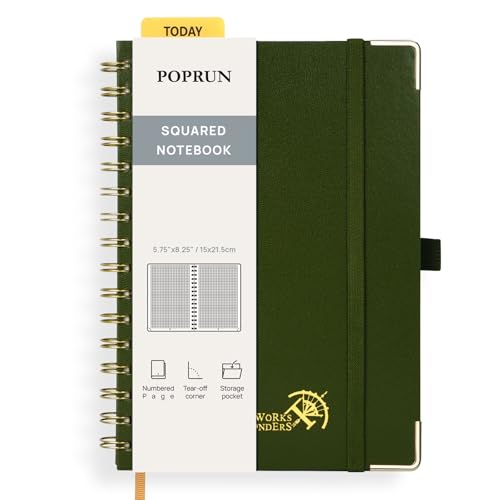 POPRUN Notizbuch A5 Kariert, Block Kariert Journal, Spiral-Notizbücher 120 GSM Papier, 141 nummerierte Seiten, Hardcover mit Kleberegisterkarten und 8 Abreißblättern - OL(Olive) von POPRUN