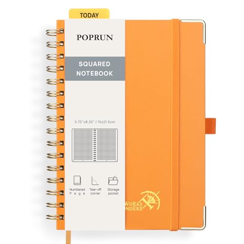 POPRUN Notizbuch A5 Kariert, Block Kariert Journal, Spiral-Notizbücher 120 GSM Papier, 141 nummerierte Seiten, Hardcover mit Kleberegisterkarten und 8 Abreißblättern - OR(Orange) von POPRUN