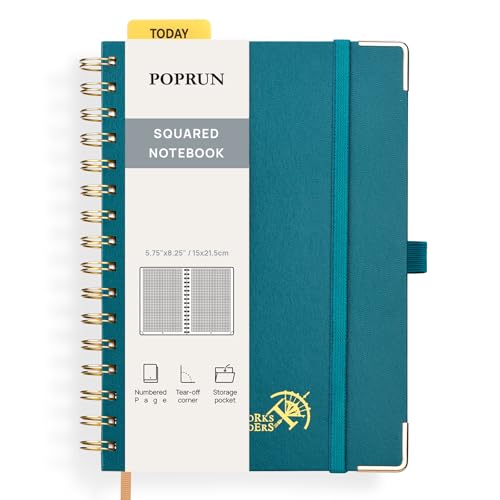 POPRUN Notizbuch A5 Kariert, Block Kariert Journal, Spiral-Notizbücher 120 GSM Papier, 141 nummerierte Seiten, Hardcover mit Kleberegisterkarten und 8 Abreißblättern - PG(Pazifikgrün) von POPRUN