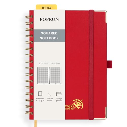 POPRUN Notizbuch A5 Kariert, Block Kariert Journal, Spiral-Notizbücher 120 GSM Papier, 141 nummerierte Seiten, Hardcover mit Kleberegisterkarten und 8 Abreißblättern - RD(Rot) von POPRUN