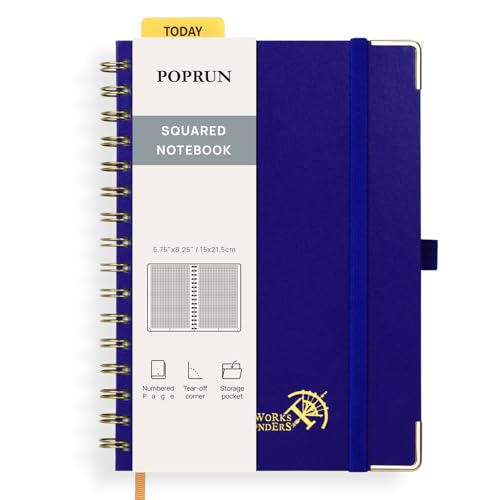 POPRUN Notizbuch A5 Kariert, Block Kariert Journal, Spiral-Notizbücher 120 GSM Papier, 141 nummerierte Seiten, Hardcover mit Kleberegisterkarten und 8 Abreißblättern - RLB(Königsblau) von POPRUN