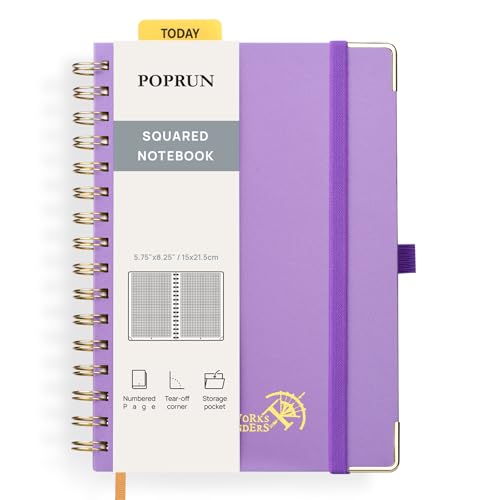 POPRUN Notizbuch A5 Kariert, Block Kariert Journal, Spiral-Notizbücher 120 GSM Papier, 141 nummerierte Seiten, Hardcover mit Kleberegisterkarten und 8 Abreißblättern - VT(Violett) von POPRUN