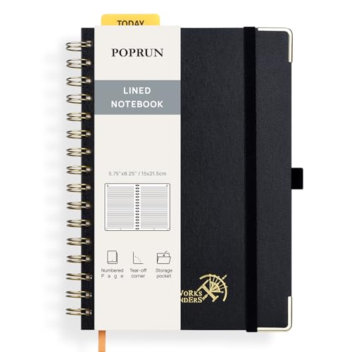 POPRUN Notizbuch A5 Liniert, Horizontal Line Journal, Spiral-Notizbücher 120 GSM Papier, 141 nummerierte Seiten, Hardcover mit Kleberegisterkarten und 8 Abreißblättern - BK(Schwarz) von POPRUN
