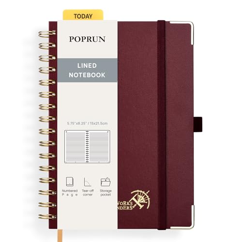 POPRUN Notizbuch A5 Liniert, Horizontal Line Journal, Spiral-Notizbücher 120 GSM Papier, 141 nummerierte Seiten, Hardcover mit Kleberegisterkarten und 8 Abreißblättern - BY(Burgund) von POPRUN