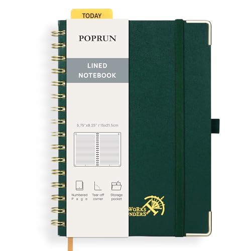 POPRUN Notizbuch A5 Liniert, Horizontal Line Journal, Spiral-Notizbücher 120 GSM Papier, 141 nummerierte Seiten, Hardcover mit Kleberegisterkarten und 8 Abreißblättern - DG(Dunkelgrün) von POPRUN
