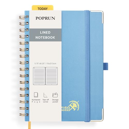 POPRUN Notizbuch A5 Liniert, Horizontal Line Journal, Spiral-Notizbücher 120 GSM Papier, 141 nummerierte Seiten, Hardcover mit Kleberegisterkarten und 8 Abreißblättern - HB(Dunstblau) von POPRUN